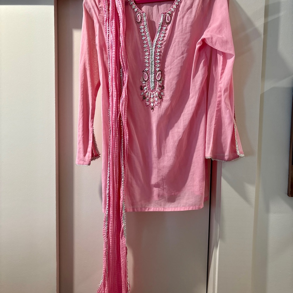 Pink Embroidered Tunic with Scarf